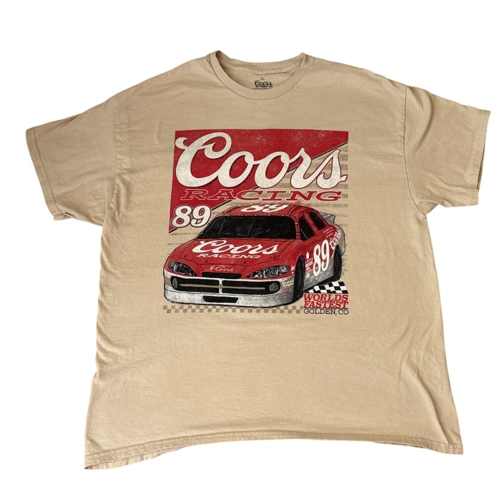 Coors Racing T-Shirt Mens Tan Graphic Race Car Short Sleeve SIZE XL